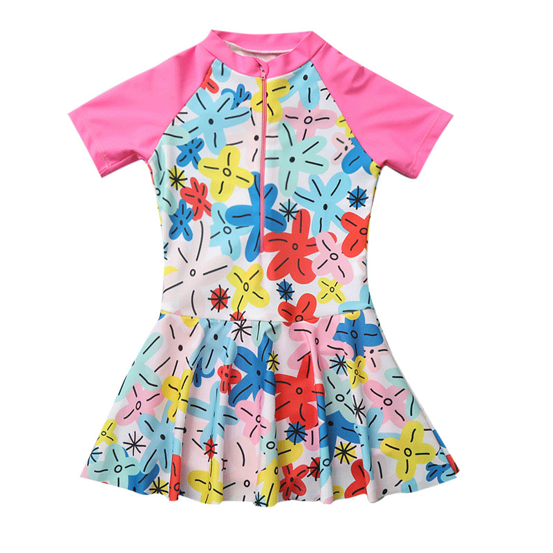 Costum de baie întreg pentru fete cu fustă, stil sport, uscare rapidă