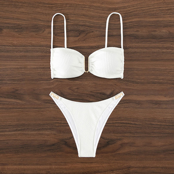 Jednobojni bikini s U-izrezom Bandeau gornji dio, push-up, visokim strukom, otvorena leđa, najlon-poliester smjesa