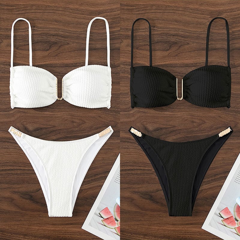 Jednobojni bikini s U-izrezom Bandeau gornji dio, push-up, visokim strukom, otvorena leđa, najlon-poliester smjesa