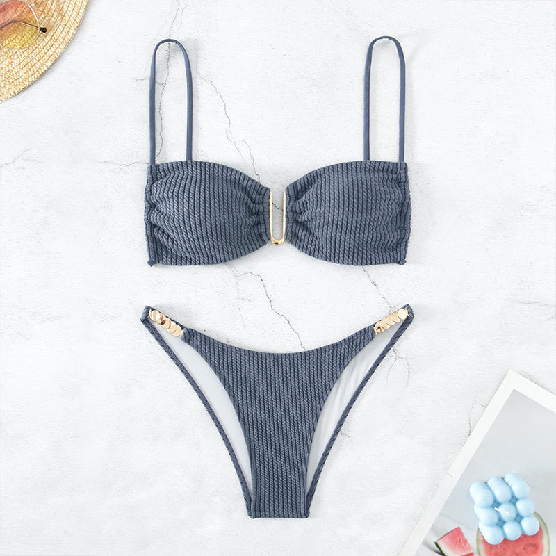 Jednobojni bikini s U-izrezom Bandeau gornji dio, push-up, visokim strukom, otvorena leđa, najlon-poliester smjesa