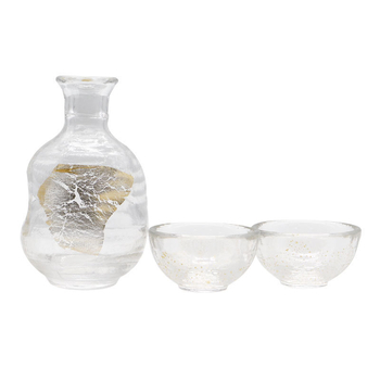 Set japonez de saké din sticlă fără plumb, cu decantor, cești de saké și pahare cu foiță de aur