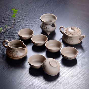 Set ceai Gongfu din ceramică, cu ceainic, din ceramică grosieră, pictat manual, stil gaiwan, pentru 6 persoane, personalizare logo