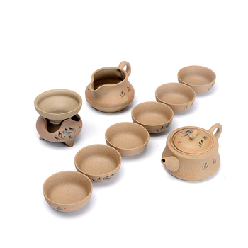 Set ceai Gongfu din ceramică, cu ceainic, din ceramică grosieră, pictat manual, stil gaiwan, pentru 6 persoane, personalizare logo