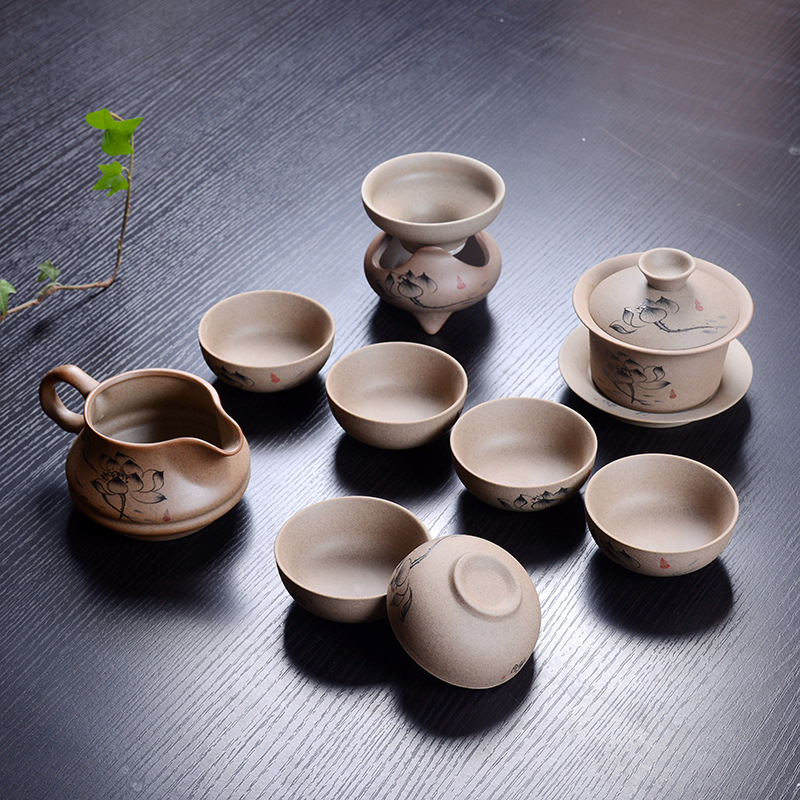 Set ceai Gongfu din ceramică, cu ceainic, din ceramică grosieră, pictat manual, stil gaiwan, pentru 6 persoane, personalizare logo