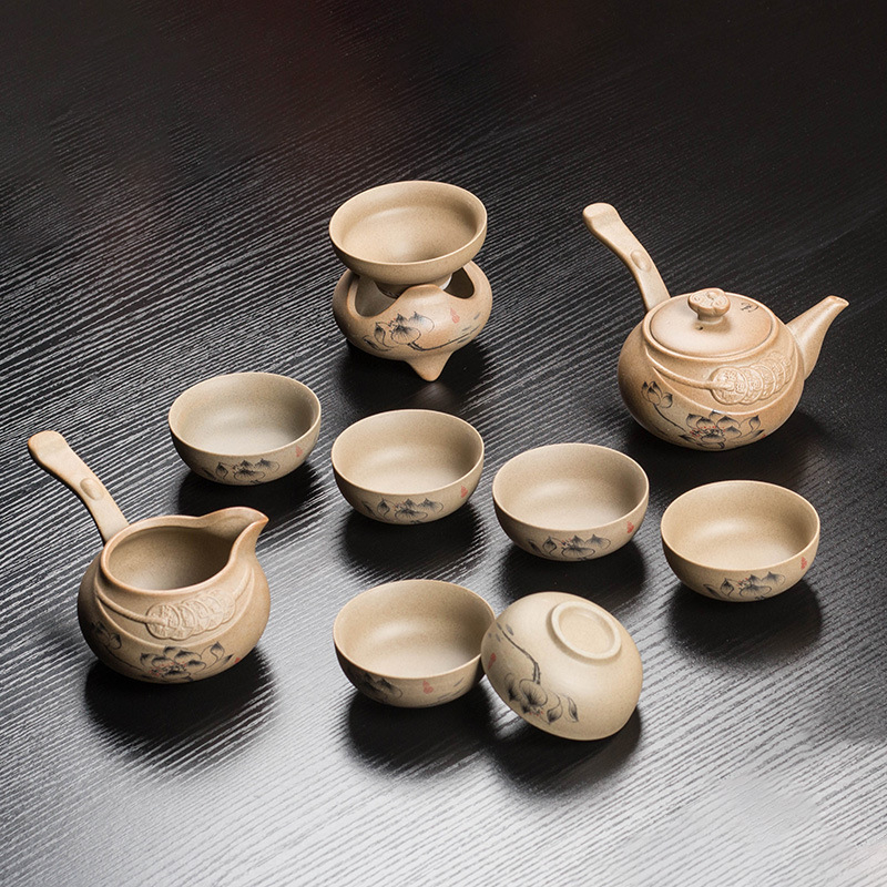 Set ceai Gongfu din ceramică, cu ceainic, din ceramică grosieră, pictat manual, stil gaiwan, pentru 6 persoane, personalizare logo