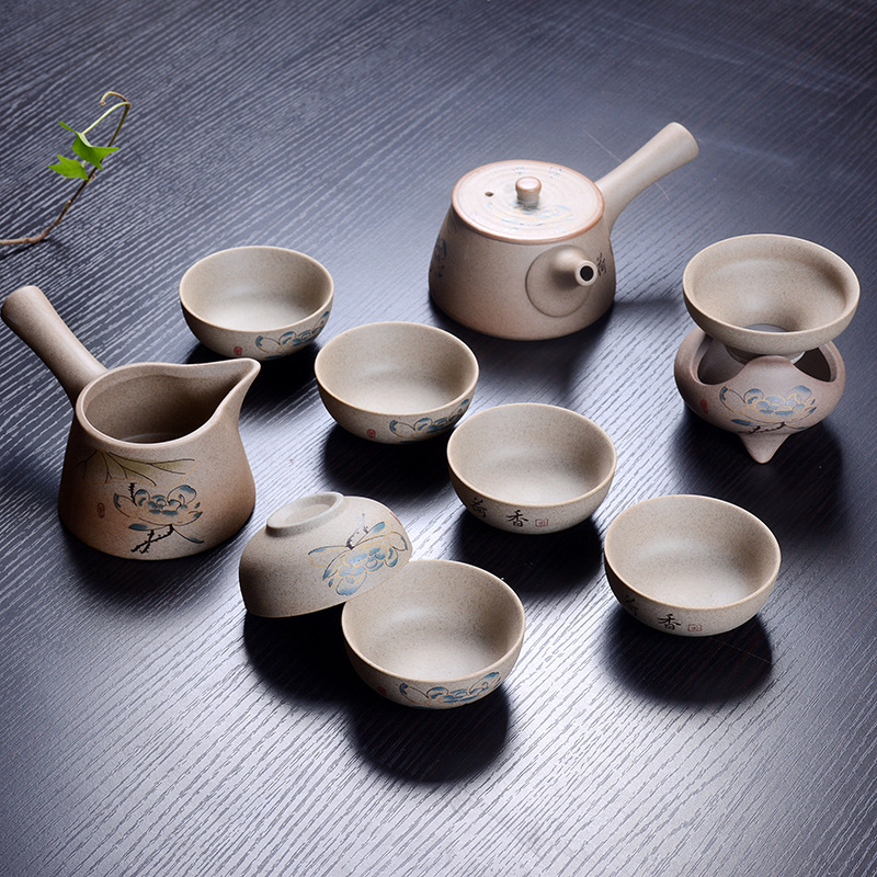Set ceai Gongfu din ceramică, cu ceainic, din ceramică grosieră, pictat manual, stil gaiwan, pentru 6 persoane, personalizare logo