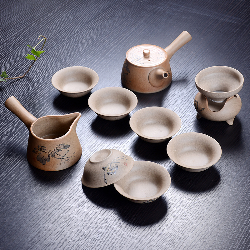 Set ceai Gongfu din ceramică, cu ceainic, din ceramică grosieră, pictat manual, stil gaiwan, pentru 6 persoane, personalizare logo
