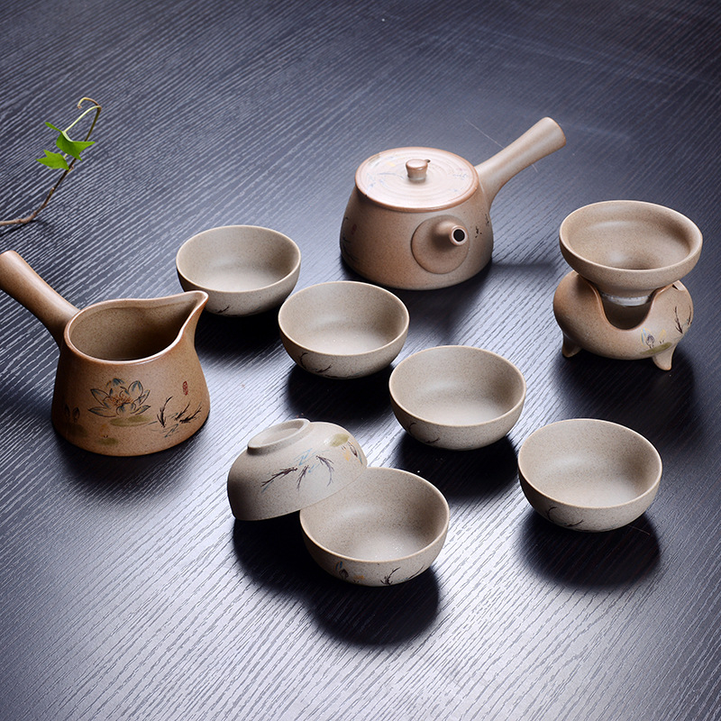 Set ceai Gongfu din ceramică, cu ceainic, din ceramică grosieră, pictat manual, stil gaiwan, pentru 6 persoane, personalizare logo