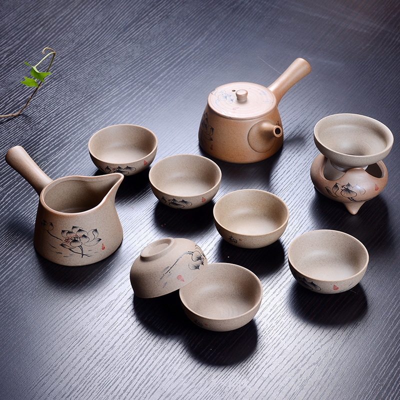 Set ceai Gongfu din ceramică, cu ceainic, din ceramică grosieră, pictat manual, stil gaiwan, pentru 6 persoane, personalizare logo
