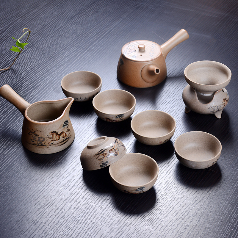 Set ceai Gongfu din ceramică, cu ceainic, din ceramică grosieră, pictat manual, stil gaiwan, pentru 6 persoane, personalizare logo