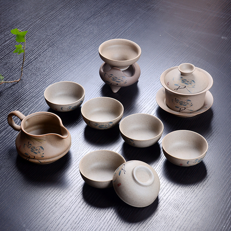 Set ceai Gongfu din ceramică, cu ceainic, din ceramică grosieră, pictat manual, stil gaiwan, pentru 6 persoane, personalizare logo