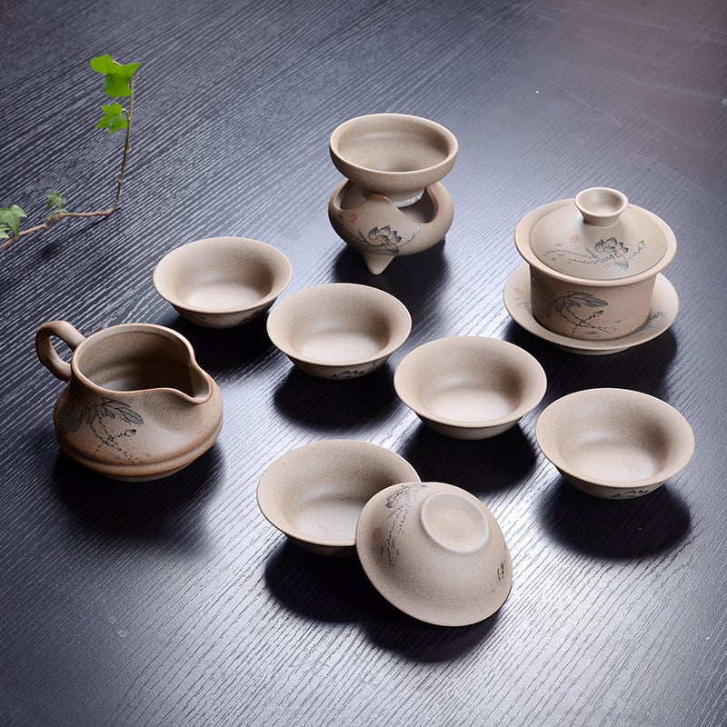 Set ceai Gongfu din ceramică, cu ceainic, din ceramică grosieră, pictat manual, stil gaiwan, pentru 6 persoane, personalizare logo