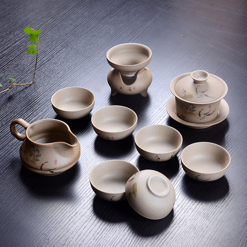 Set ceai Gongfu din ceramică, cu ceainic, din ceramică grosieră, pictat manual, stil gaiwan, pentru 6 persoane, personalizare logo