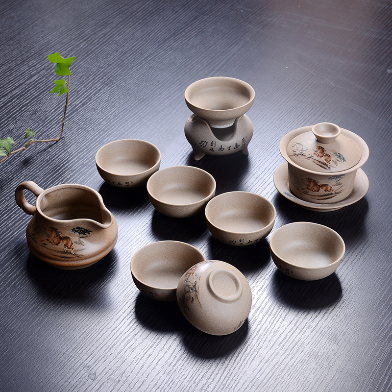Set ceai Gongfu din ceramică, cu ceainic, din ceramică grosieră, pictat manual, stil gaiwan, pentru 6 persoane, personalizare logo