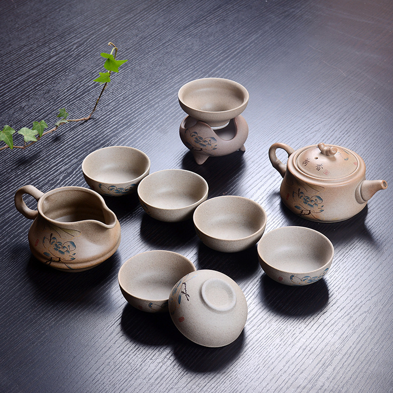 Set ceai Gongfu din ceramică, cu ceainic, din ceramică grosieră, pictat manual, stil gaiwan, pentru 6 persoane, personalizare logo