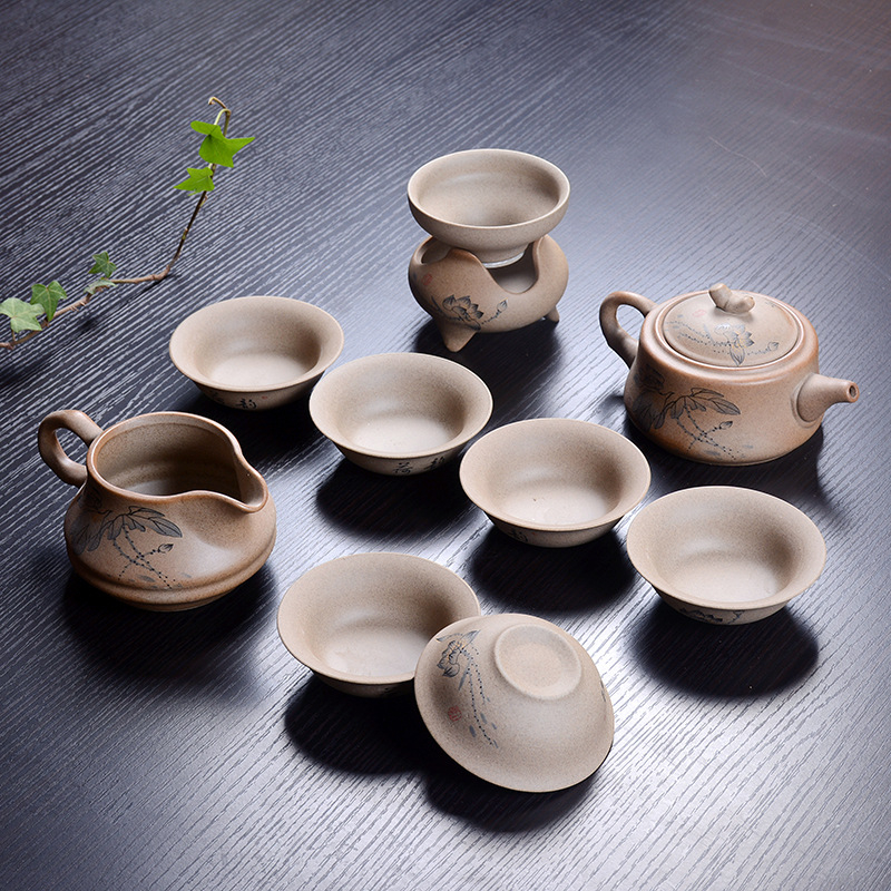 Set ceai Gongfu din ceramică, cu ceainic, din ceramică grosieră, pictat manual, stil gaiwan, pentru 6 persoane, personalizare logo