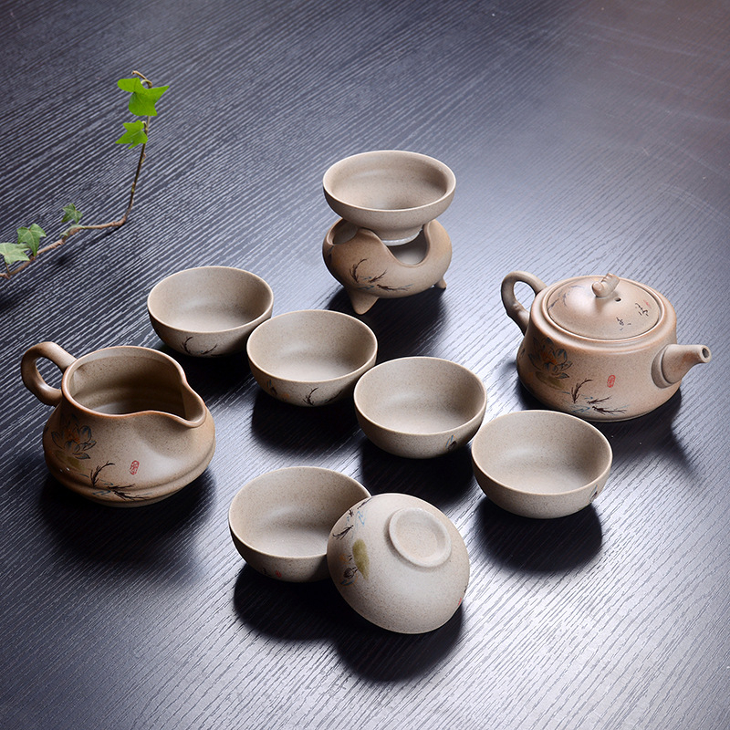 Set ceai Gongfu din ceramică, cu ceainic, din ceramică grosieră, pictat manual, stil gaiwan, pentru 6 persoane, personalizare logo