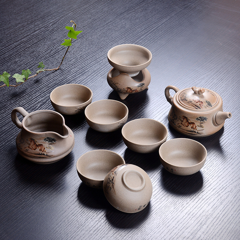 Set ceai Gongfu din ceramică, cu ceainic, din ceramică grosieră, pictat manual, stil gaiwan, pentru 6 persoane, personalizare logo