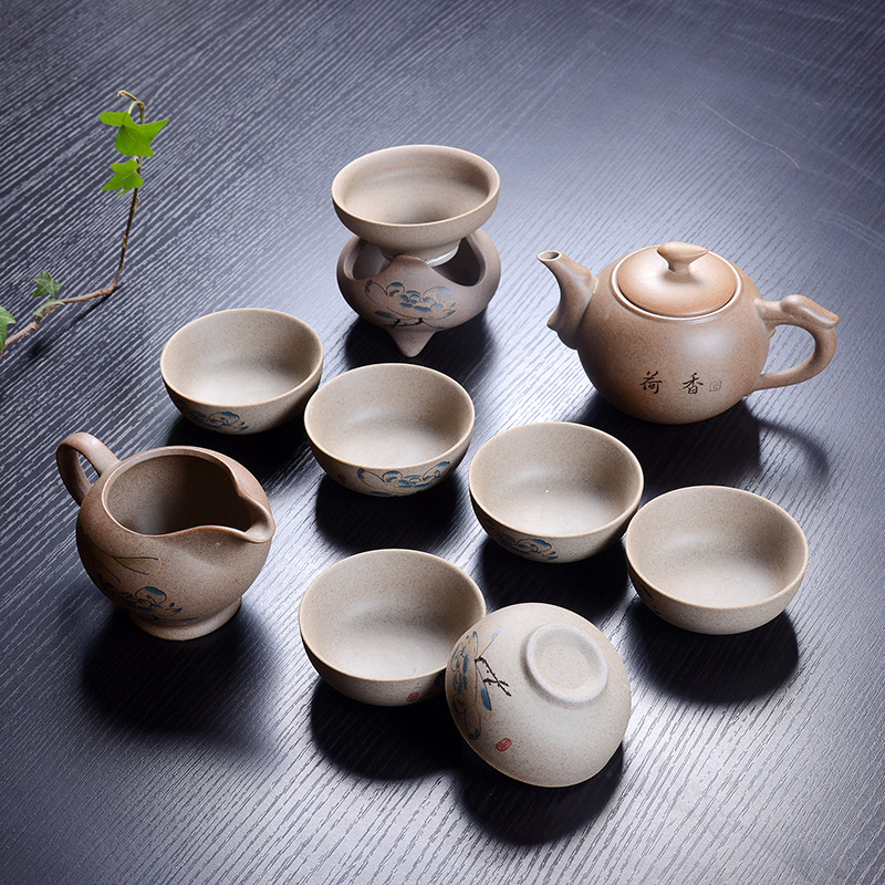 Set ceai Gongfu din ceramică, cu ceainic, din ceramică grosieră, pictat manual, stil gaiwan, pentru 6 persoane, personalizare logo