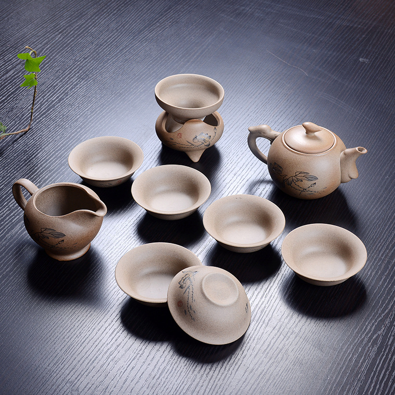 Set ceai Gongfu din ceramică, cu ceainic, din ceramică grosieră, pictat manual, stil gaiwan, pentru 6 persoane, personalizare logo