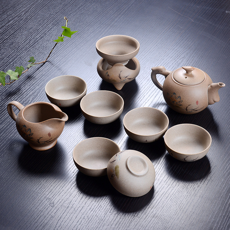 Set ceai Gongfu din ceramică, cu ceainic, din ceramică grosieră, pictat manual, stil gaiwan, pentru 6 persoane, personalizare logo