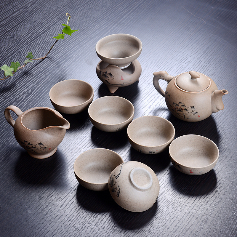 Set ceai Gongfu din ceramică, cu ceainic, din ceramică grosieră, pictat manual, stil gaiwan, pentru 6 persoane, personalizare logo