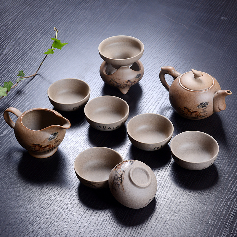 Set ceai Gongfu din ceramică, cu ceainic, din ceramică grosieră, pictat manual, stil gaiwan, pentru 6 persoane, personalizare logo