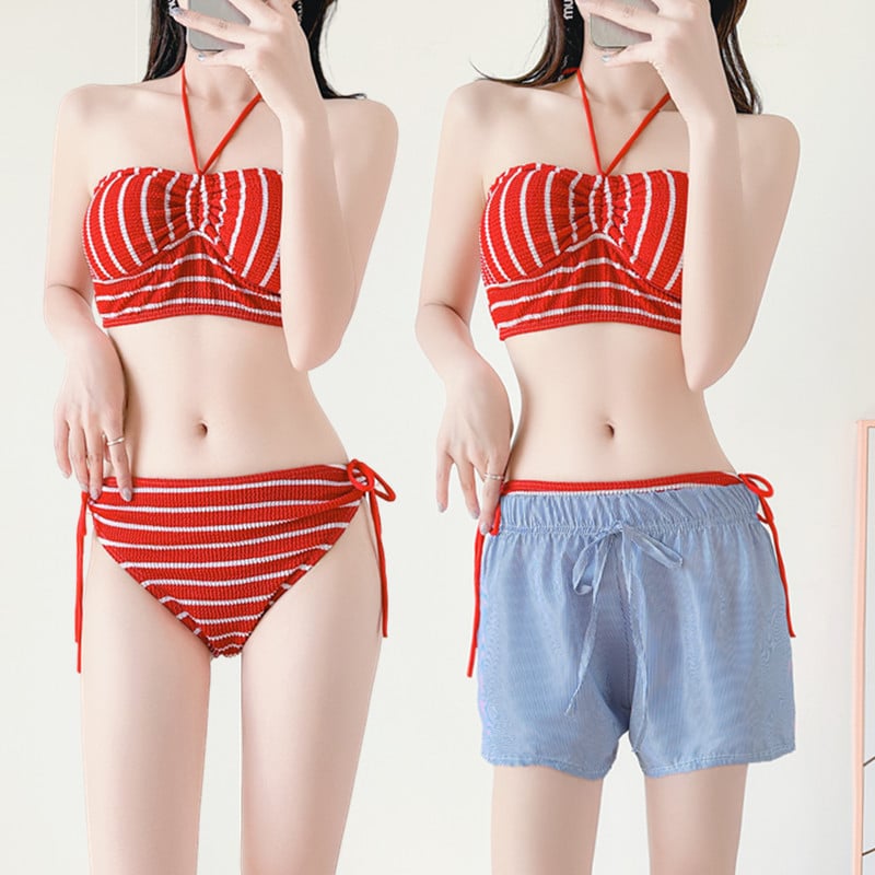 Prugasti split bikini set s laganim šortama, trodijelni kupaći kostim za odmor