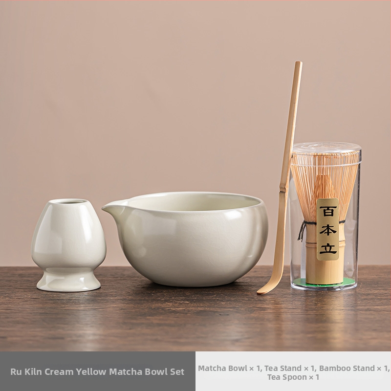 Vas de porțelan pentru matcha cu gură, tel și perie – accesorii ceremonie ceaiului