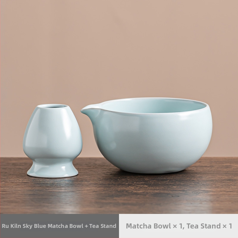 Vas de porțelan pentru matcha cu gură, tel și perie – accesorii ceremonie ceaiului