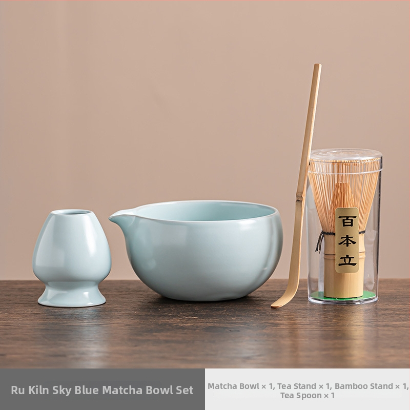 Vas de porțelan pentru matcha cu gură, tel și perie – accesorii ceremonie ceaiului