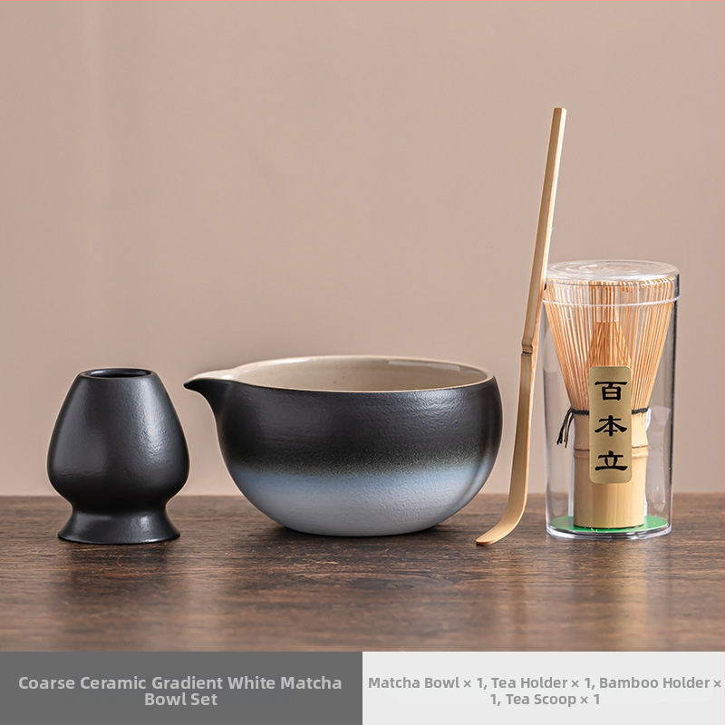 Vas de porțelan pentru matcha cu gură, tel și perie – accesorii ceremonie ceaiului