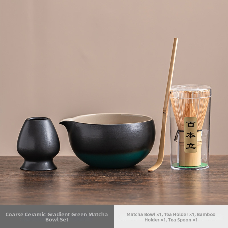Vas de porțelan pentru matcha cu gură, tel și perie – accesorii ceremonie ceaiului