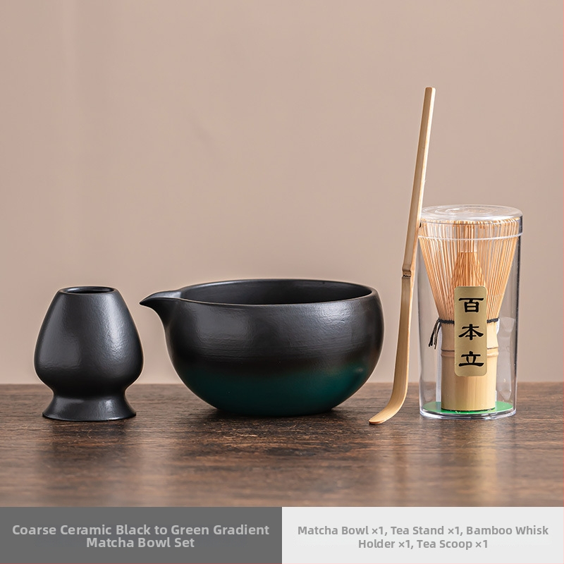 Vas de porțelan pentru matcha cu gură, tel și perie – accesorii ceremonie ceaiului