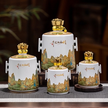 Ceramică Jingdezhen: Stil chinezesc nou, sticlă albă goală pentru vin, borcan de vin și oală de vin în cutie cadou, ornament cu motivul O mie de mile de râuri și munți
