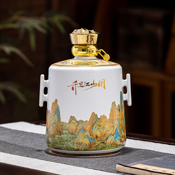 Ceramică Jingdezhen: Stil chinezesc nou, sticlă albă goală pentru vin, borcan de vin și oală de vin în cutie cadou, ornament cu motivul O mie de mile de râuri și munți