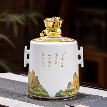 Ceramică Jingdezhen: Stil chinezesc nou, sticlă albă goală pentru vin, borcan de vin și oală de vin în cutie cadou, ornament cu motivul O mie de mile de râuri și munți