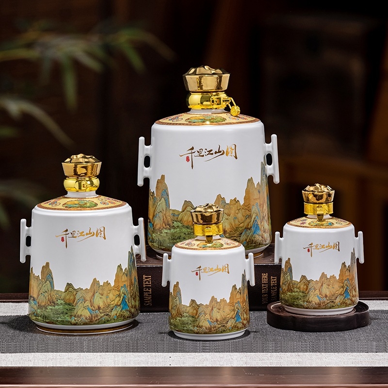 Ceramică Jingdezhen: Stil chinezesc nou, sticlă albă goală pentru vin, borcan de vin și oală de vin în cutie cadou, ornament cu motivul O mie de mile de râuri și munți