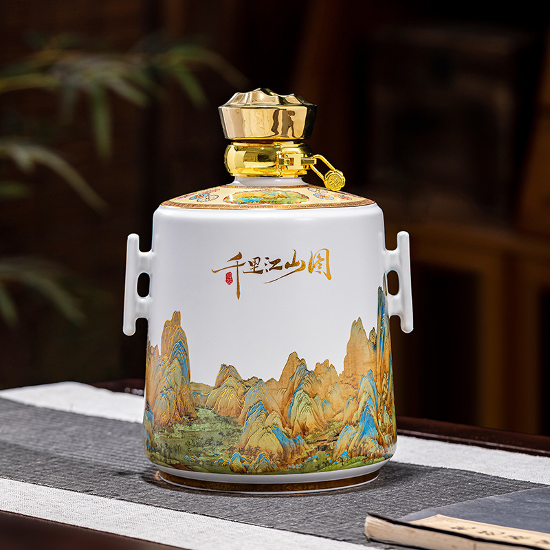 Ceramică Jingdezhen: Stil chinezesc nou, sticlă albă goală pentru vin, borcan de vin și oală de vin în cutie cadou, ornament cu motivul O mie de mile de râuri și munți