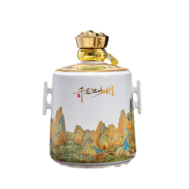 Ceramică Jingdezhen: Stil chinezesc nou, sticlă albă goală pentru vin, borcan de vin și oală de vin în cutie cadou, ornament cu motivul O mie de mile de râuri și munți