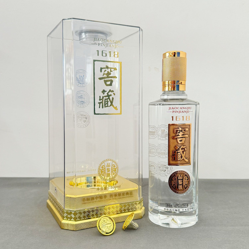 Sticlă goală din sticlă transparentă pentru băuturi spirtoase, sigilată, 500 ml, cutie cadou din piele artificială și ambalaj acrilic – set complet