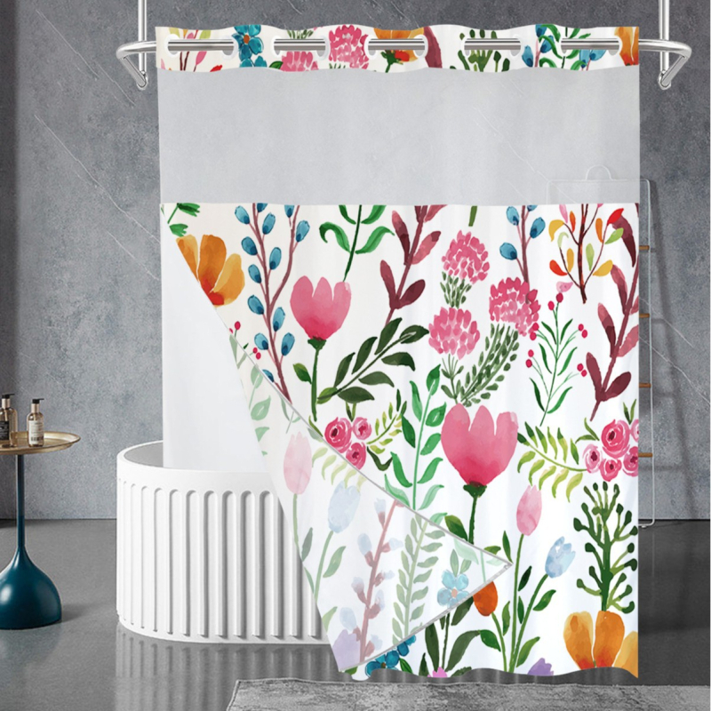 Curtă de duș impermeabilă din poliester, dublă, imprimare floral digitală, țesătură Chunya, personalizabilă cu imaginea furnizată