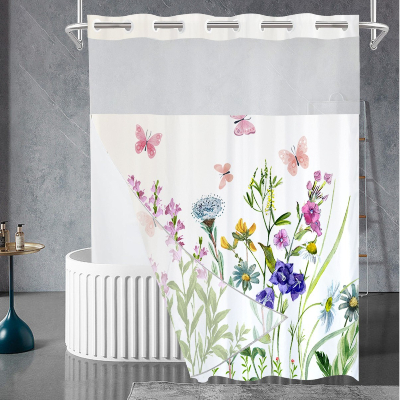 Curtă de duș impermeabilă din poliester, dublă, imprimare floral digitală, țesătură Chunya, personalizabilă cu imaginea furnizată