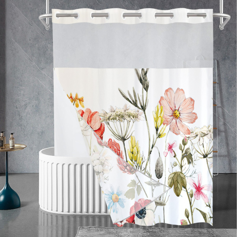 Curtă de duș impermeabilă din poliester, dublă, imprimare floral digitală, țesătură Chunya, personalizabilă cu imaginea furnizată