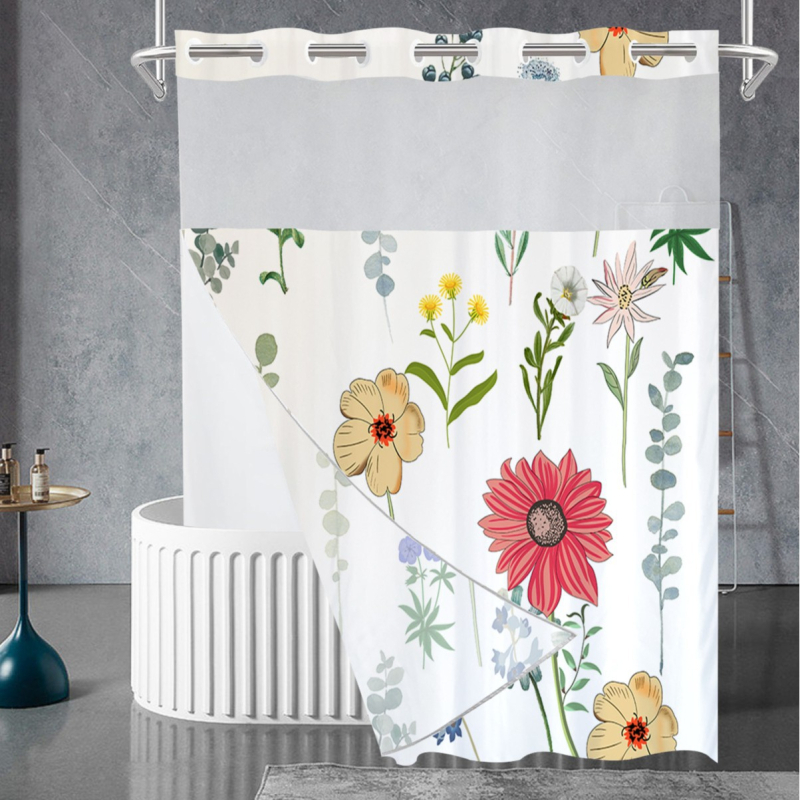 Curtă de duș impermeabilă din poliester, dublă, imprimare floral digitală, țesătură Chunya, personalizabilă cu imaginea furnizată