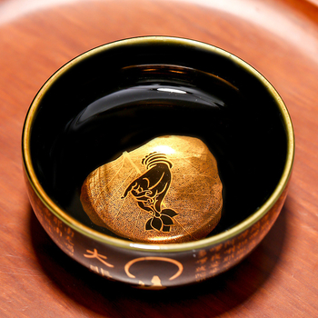 Ceainic ceramic Prajna Heart Sutra, Jianzhan, design Zen cu frunze din lemn, glazură negru-auriu