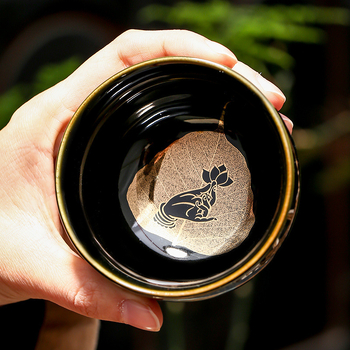 Ceainic ceramic Prajna Heart Sutra, Jianzhan, design Zen cu frunze din lemn, glazură negru-auriu