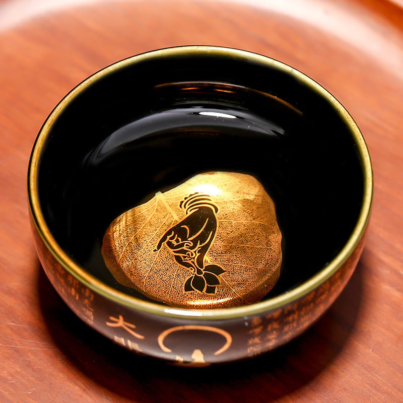 Ceainic ceramic Prajna Heart Sutra, Jianzhan, design Zen cu frunze din lemn, glazură negru-auriu