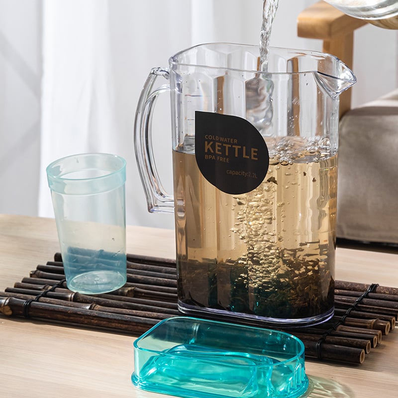 Ceainic transparent, rezistent la temperatură, pentru apă rece, cu capac; ceaină de fructe cu capac, capacitate mare – set plastic pentru birou