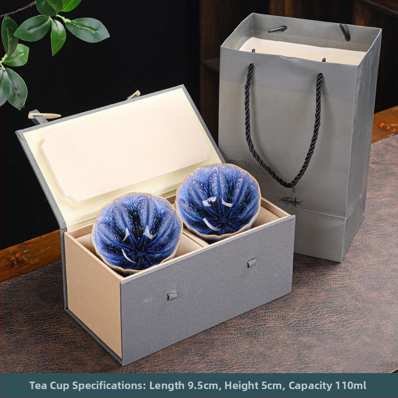 Set de cești Jianzhan pentru cuplu, ceramic Gongfu, cești Tianmu cu formă de petale, cutie cadou